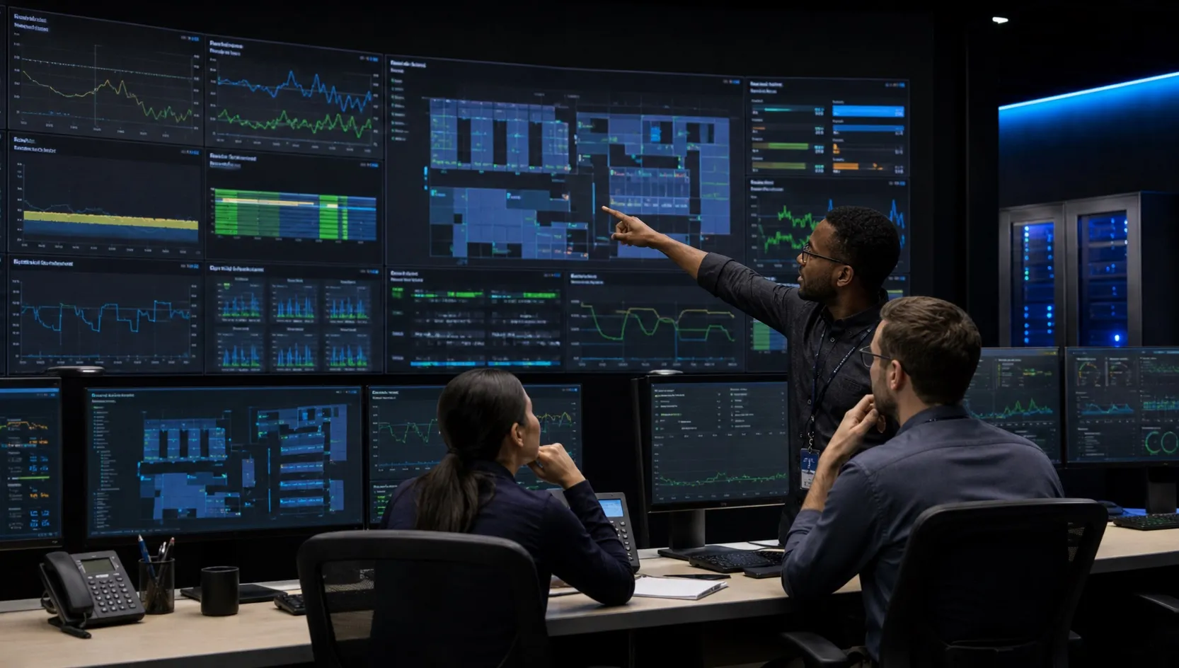 Operations engineers analyzing data center telemetry in a command center