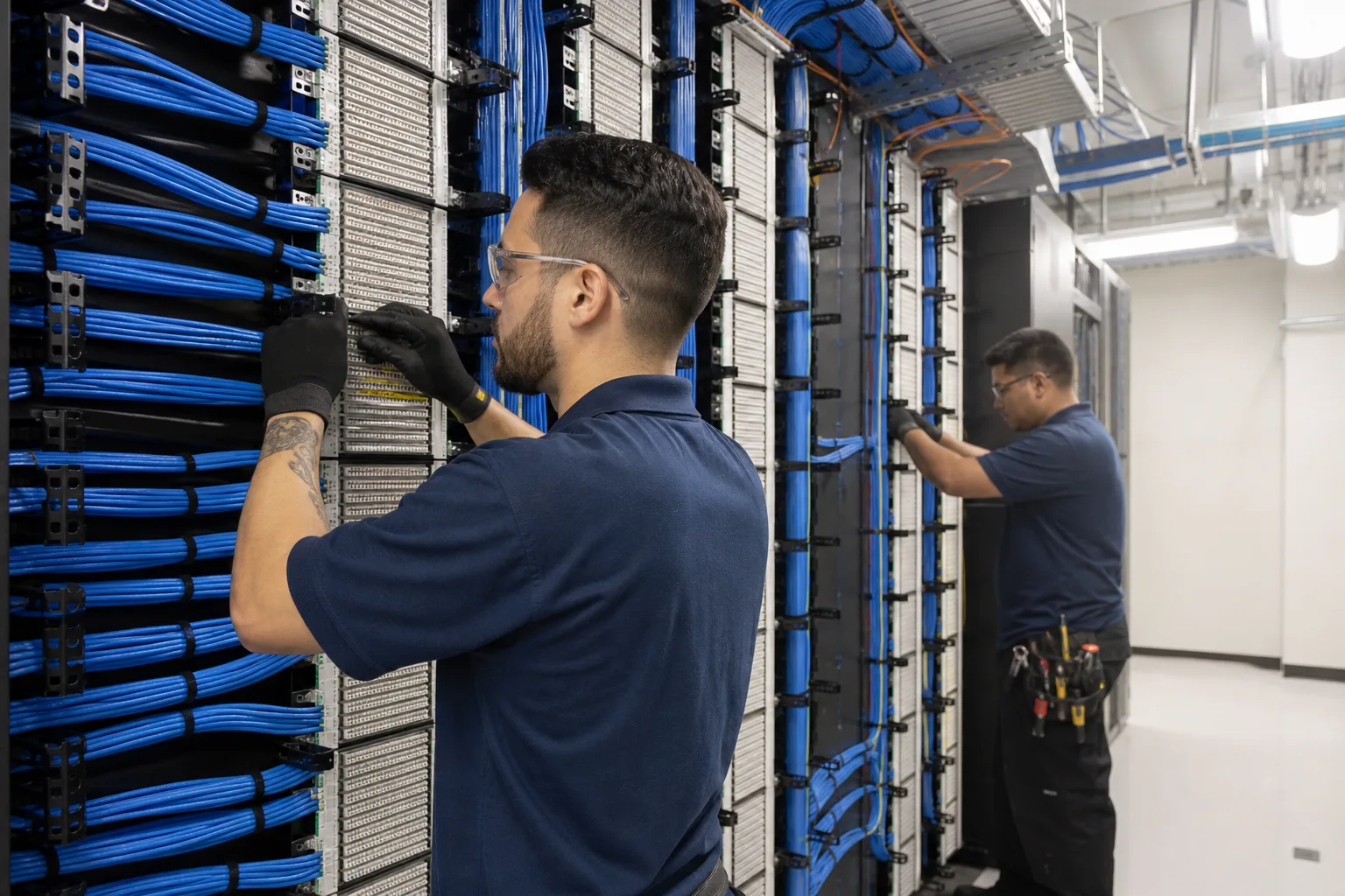 Technicians installing a large structured cabling backbone