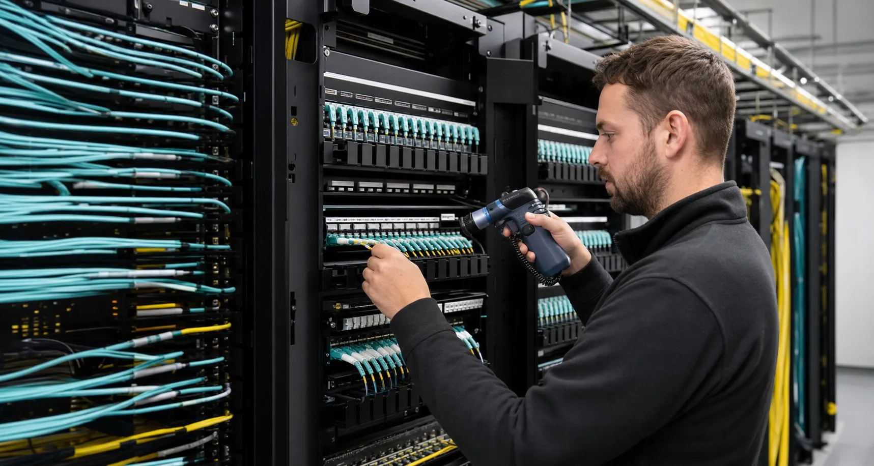 Fiber technician inspecting structured cabling and patch panels