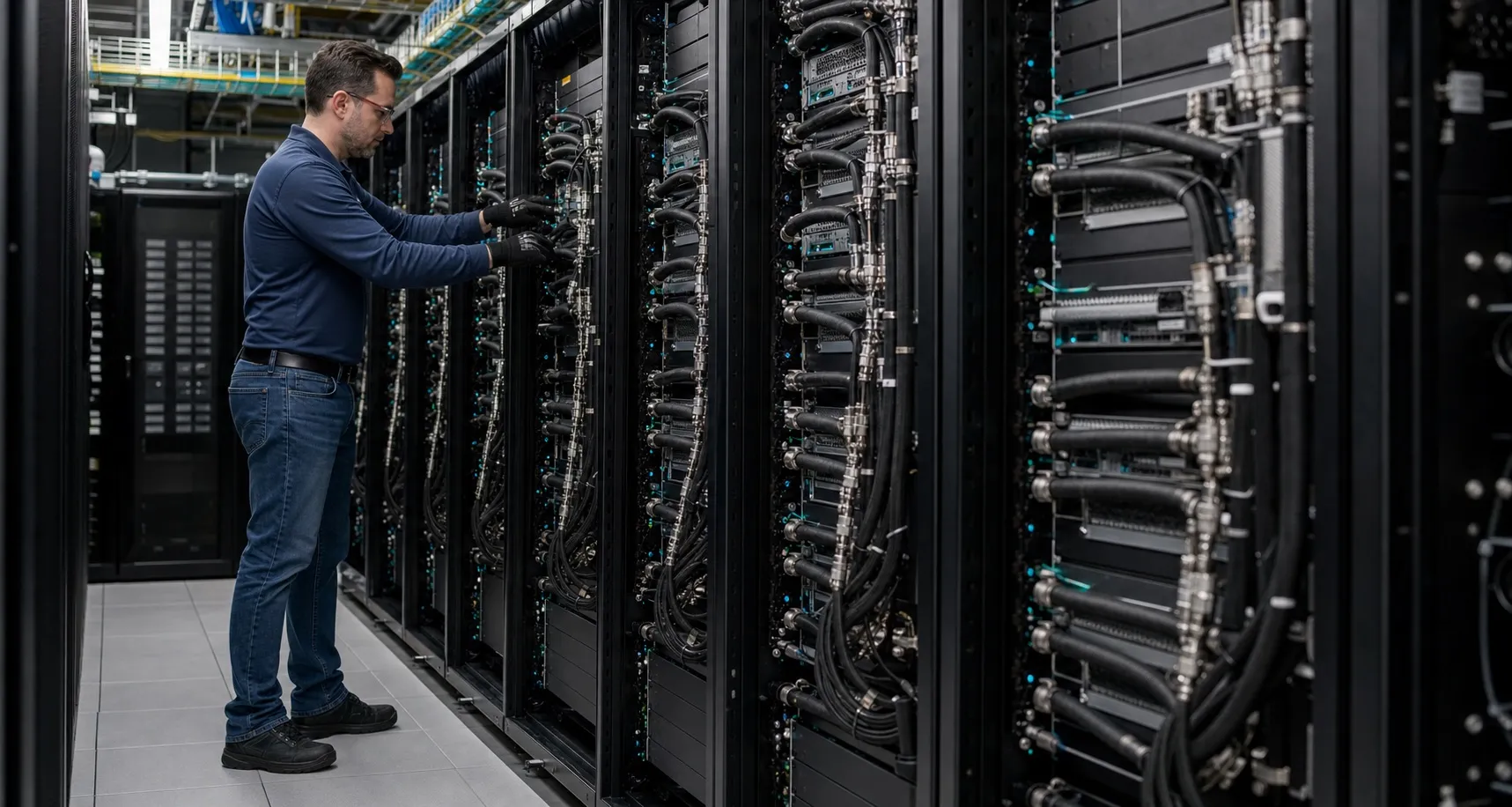 Engineer inspecting high-density liquid-cooled GPU server racks