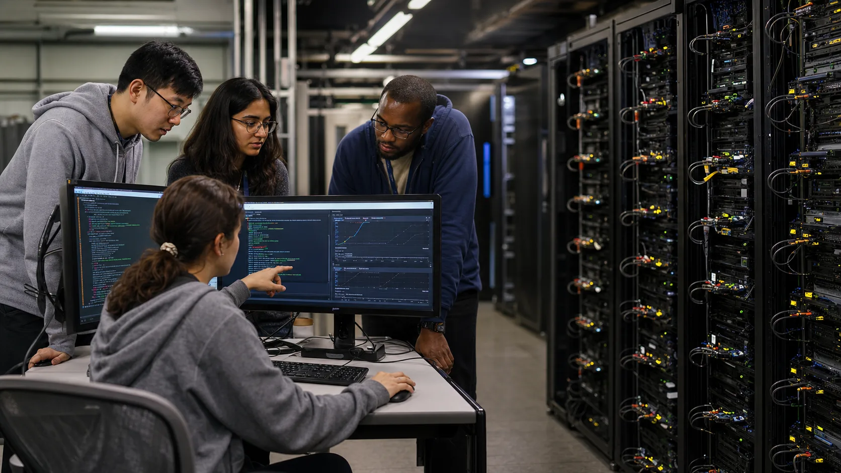 AI research engineers reviewing a model training run beside GPU infrastructure