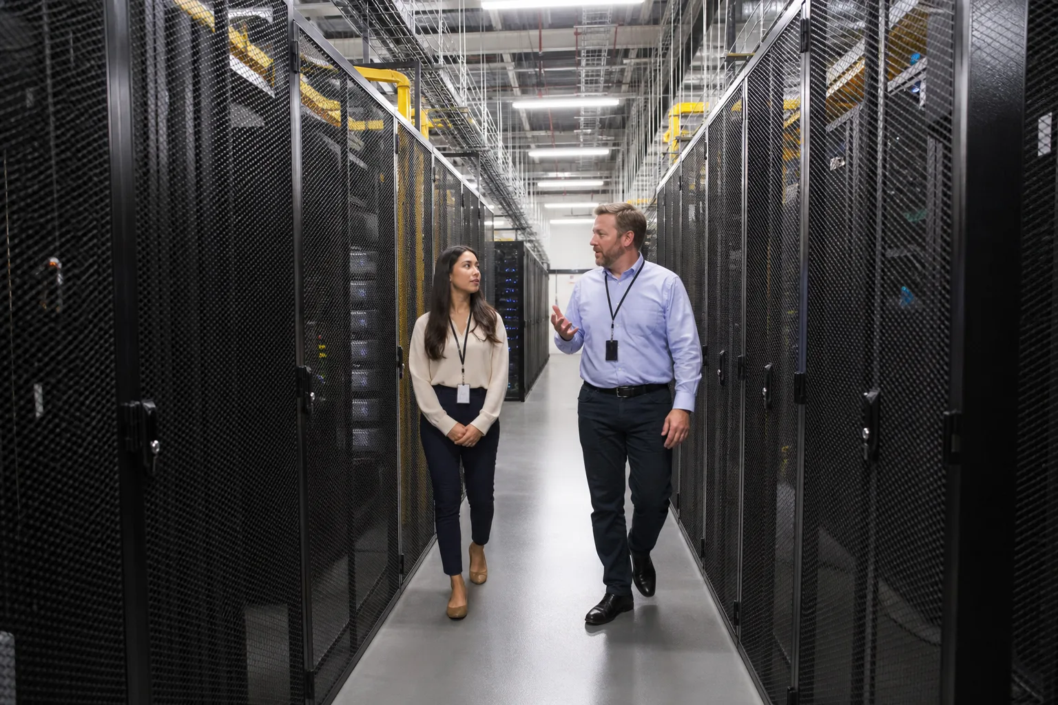 Colocation facility manager guiding a customer through a carrier-neutral data hall