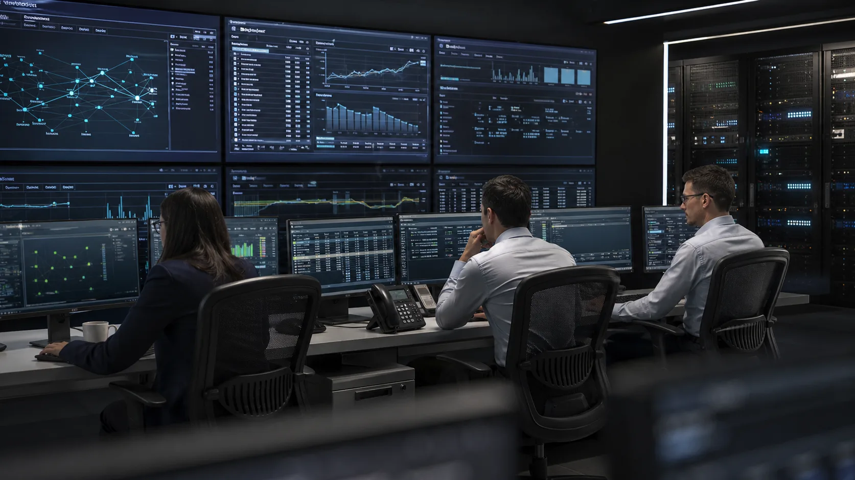 Financial services infrastructure team monitoring resilient network operations