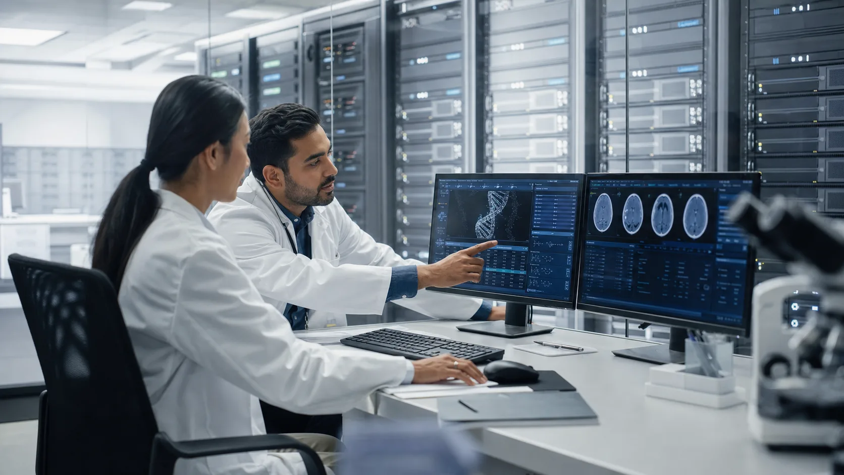 Life sciences specialists reviewing secure research computing systems