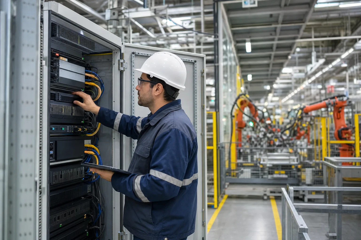Industrial engineer inspecting edge computing infrastructure on a factory floor