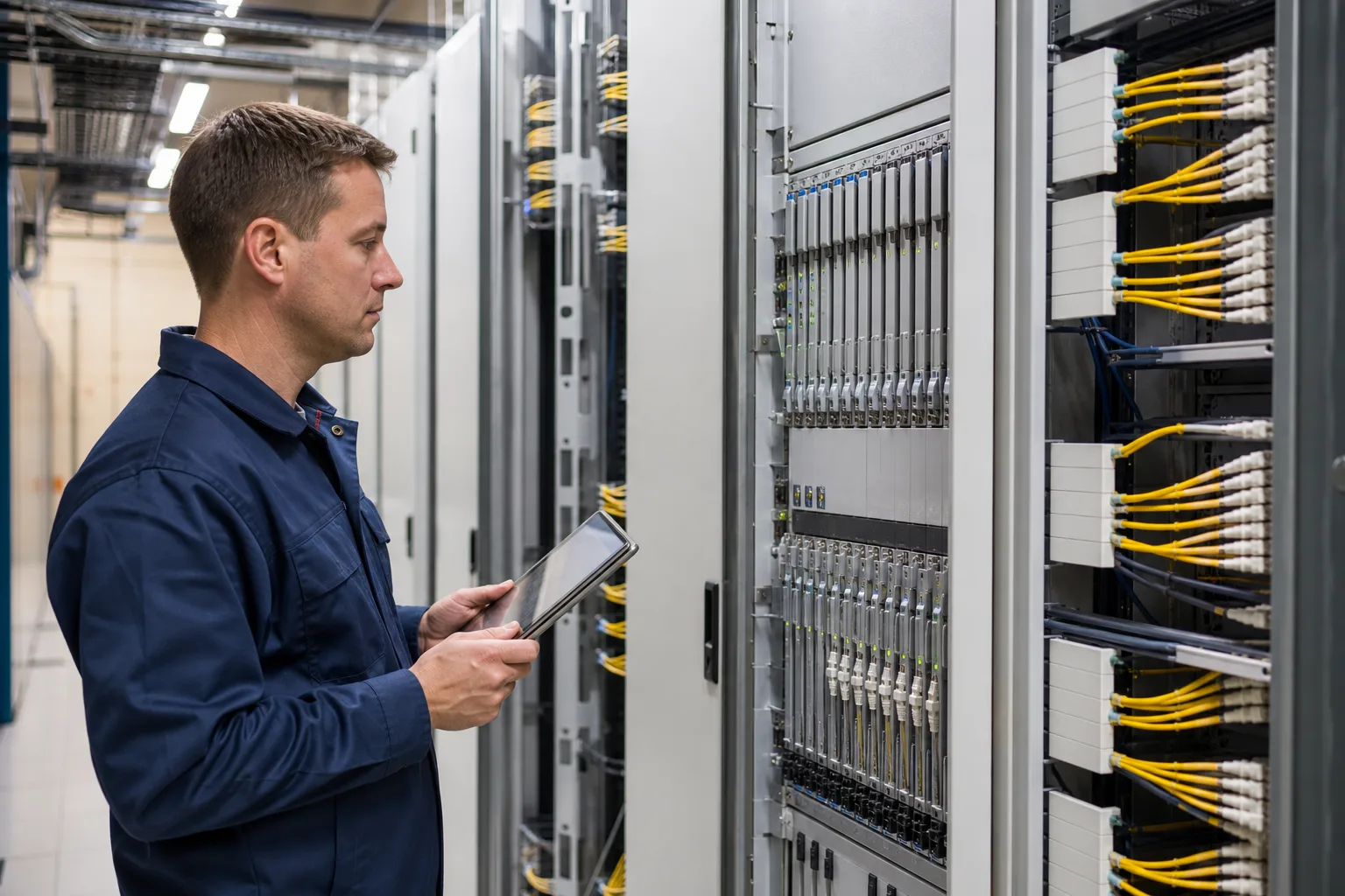 Telecom engineer inspecting carrier-grade optical transport equipment