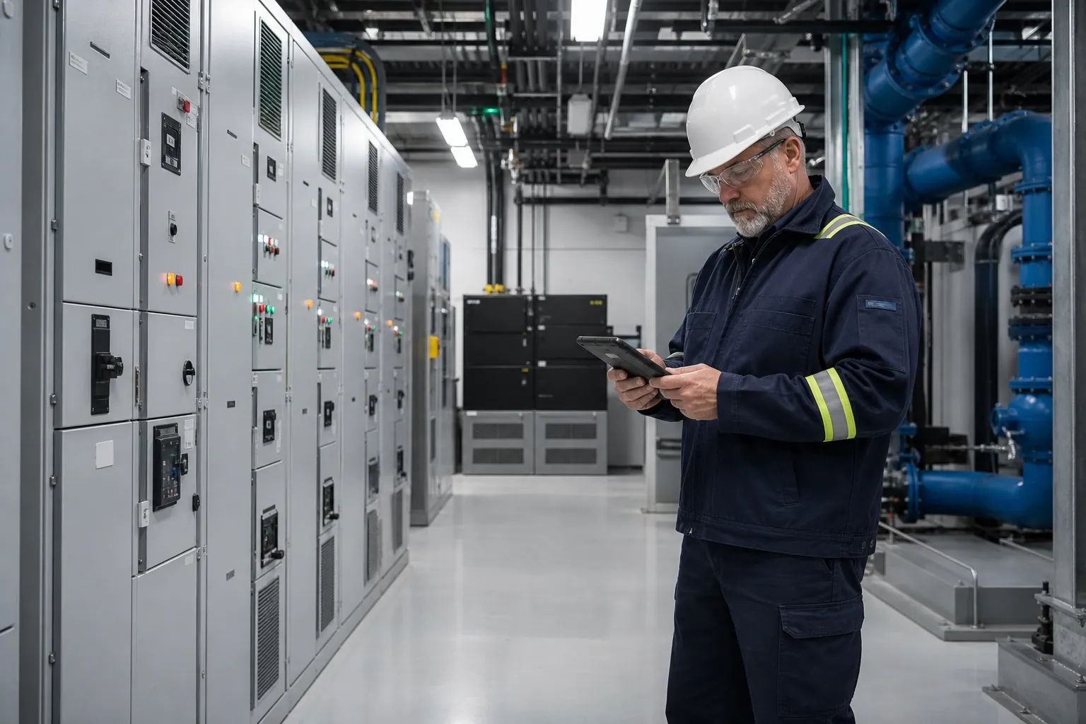Technician inspecting switchgear and cooling infrastructure in a plant room