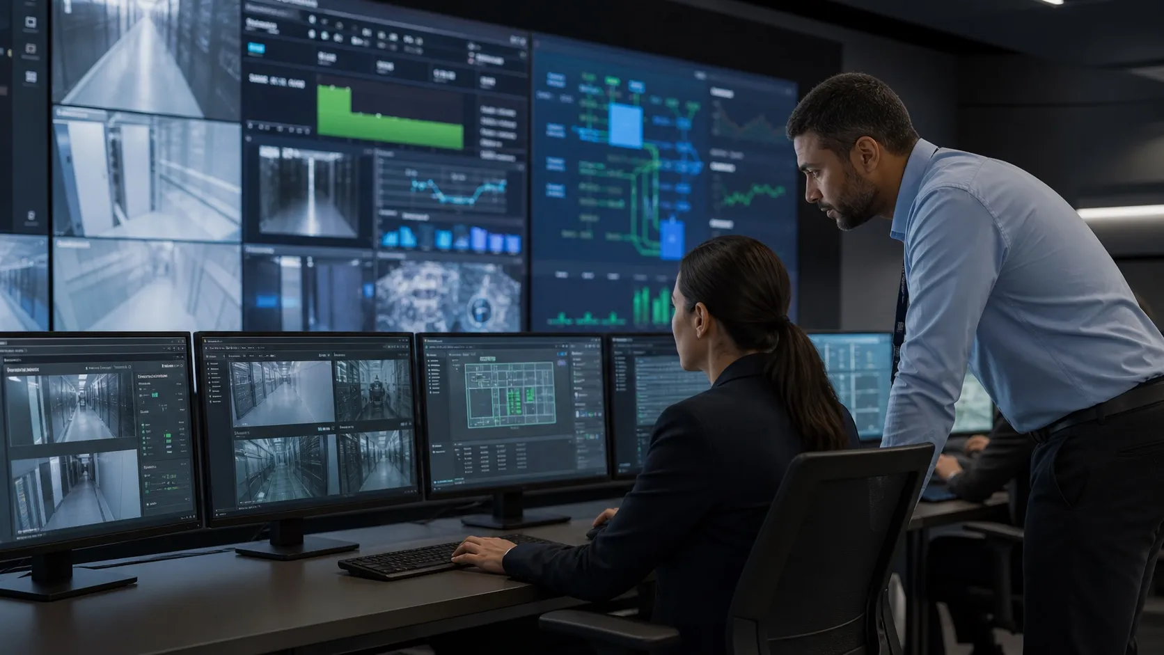 Security operations analysts monitoring physical and cyber infrastructure