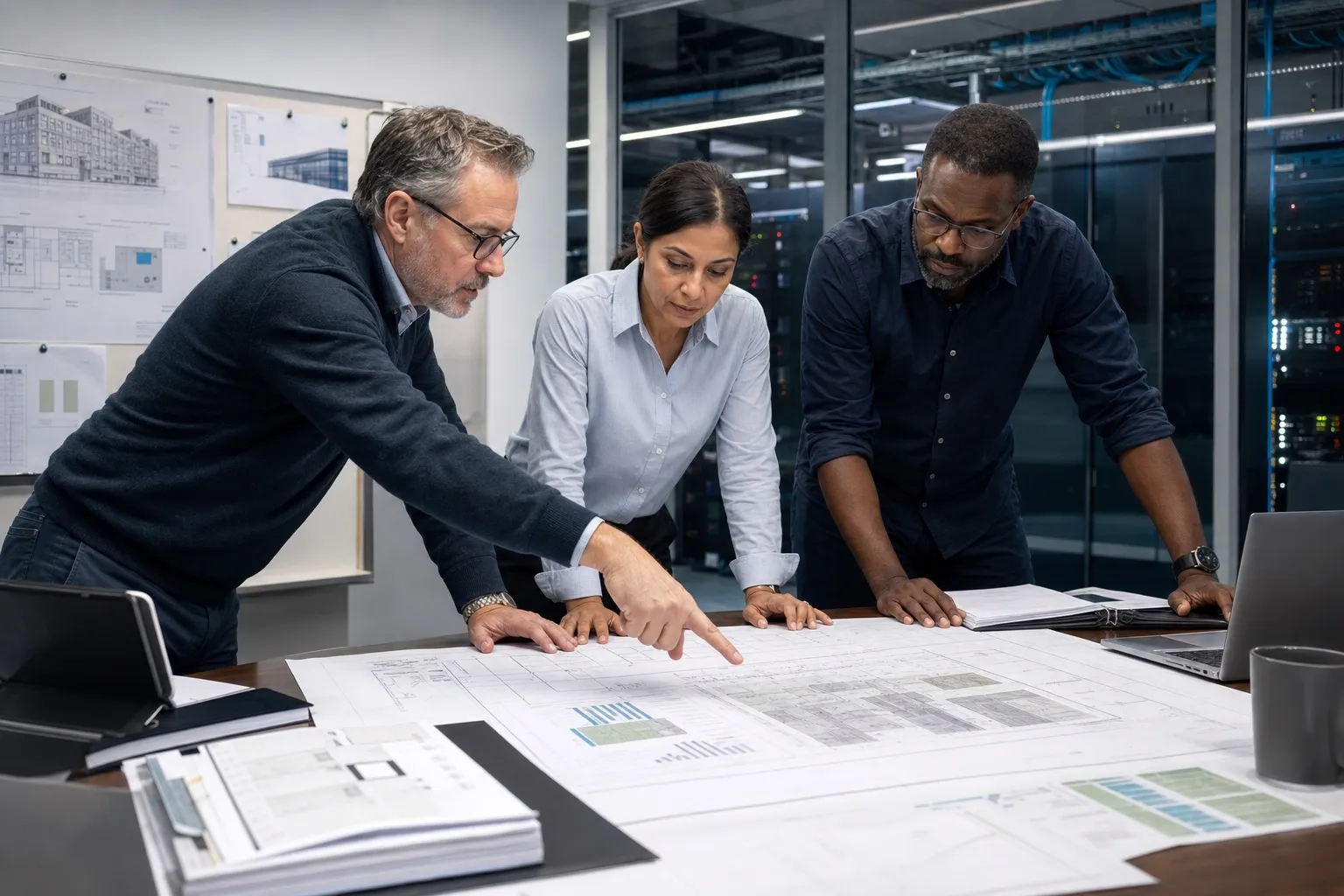 Data center consultants reviewing facility plans and capacity charts